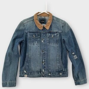 Joe's Jeans Denim Jacket Boys XL 18-20 Denim Blue Brown Collared Distressed Work